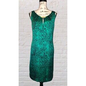 Dana Buchman Leopard Midi Dress Womens LG Green Sleeveless Cutout Career Office
